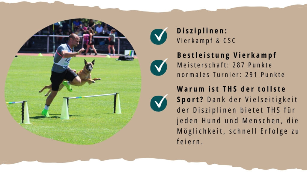 Fabian Gegenheimer und seine Hündin bei der Unterordnung des Vierkampfes im Turnierhundsport. Neben des Hundesportlers sieht man einige Fakten über ihn wie seine Bestleistung und seine Disziplinen.