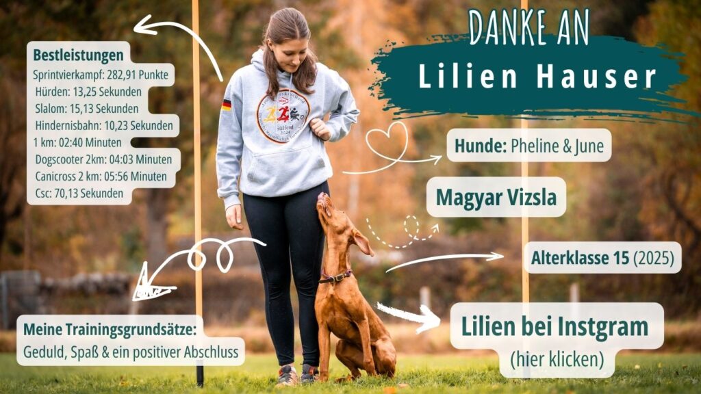 Das Bild zeigt Lilien Hause mit ihrer Viszla Hündin June beim Slalom Training im Turnierhundsport. In der Grafik werden ihre Bestleistungen und weitere Fakten zur dem Hundesportteam aufgelistet.