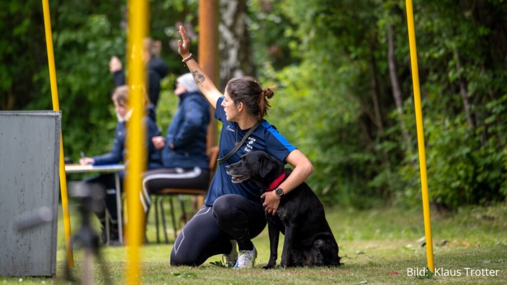 Hundesportlerlin Julia Pöschel kniet gemeinsam mit ihrem Labrador Balu am Start des CSC des Turnierhundsports. Sie reckt die Hand als Startzeichen in die Höhe.