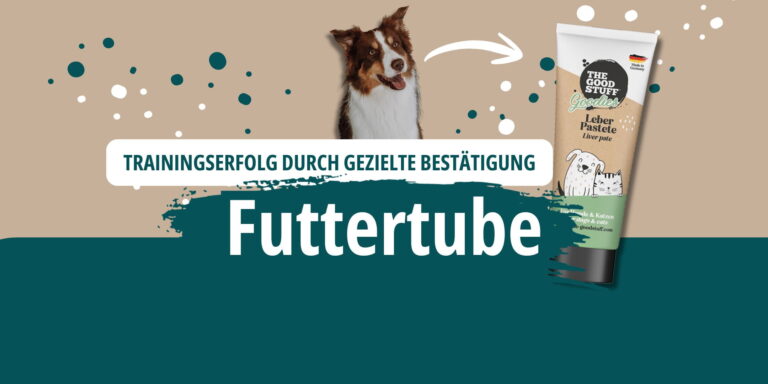 Titelgrafik zum Blogartikel „Futtertube im Hundetraining“ mit Hund, Belohnungstube und Slogan zur erfolgreichen Bestätigung im Training