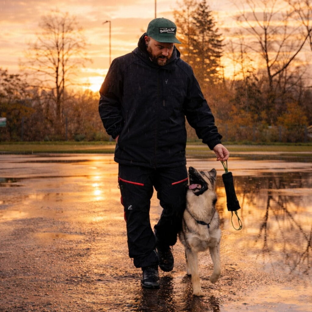 Marcel Sobotta trainiert mit seinem Hund die Fußarbeit bei Sonnenuntergang auf einem nassen Parkplatz.