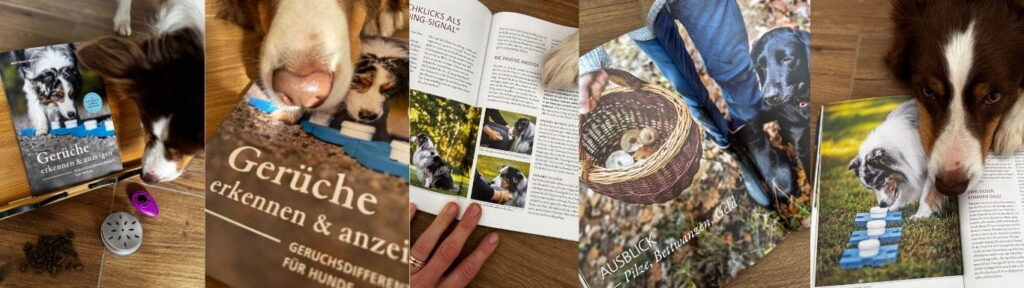 Collage mit mehreren Eindrücken aus dem Buch „Gerüche erkennen & anzeigen“: Hund neben dem Buchcover, Trainingsmaterialien zur Nasenarbeit, Innenseiten mit Bildern und Übungen sowie Australian Shepherd beim Schnüffeltraining.