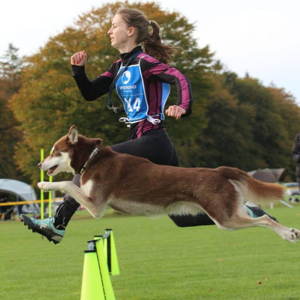 Nina Cappello und ihr Hund überqueren gemeinsam eine Hürde auf einem Hundesporttunier