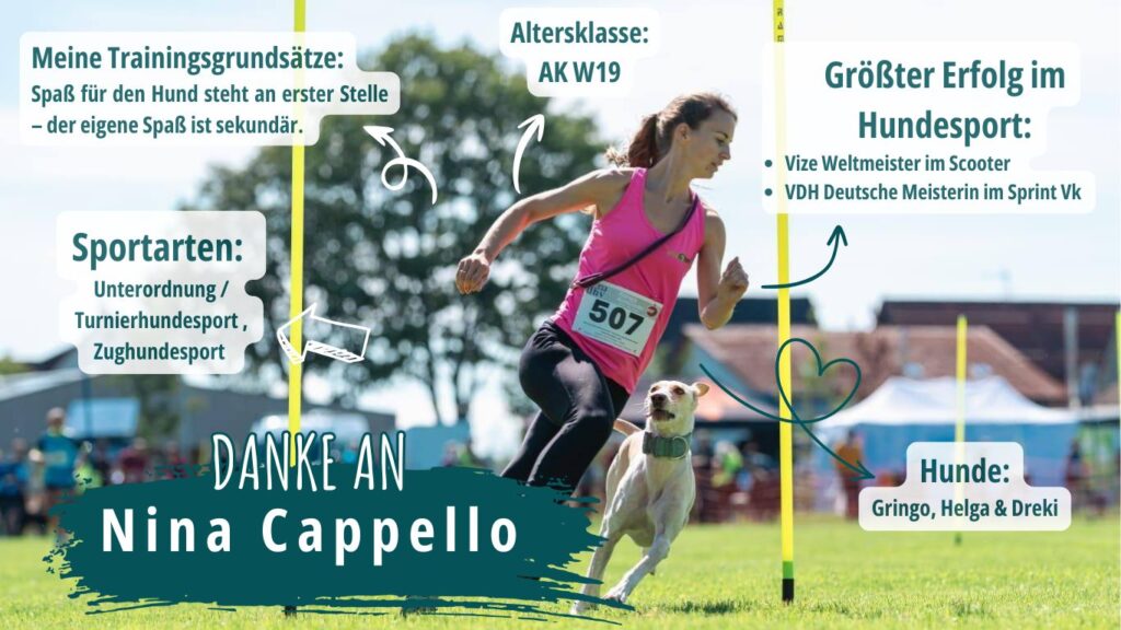 Grafik zum Interview mit der Hundeportlerin Nina Cappello beim Slalomlauf mit Hund, Informationen und ihren Erfolgen